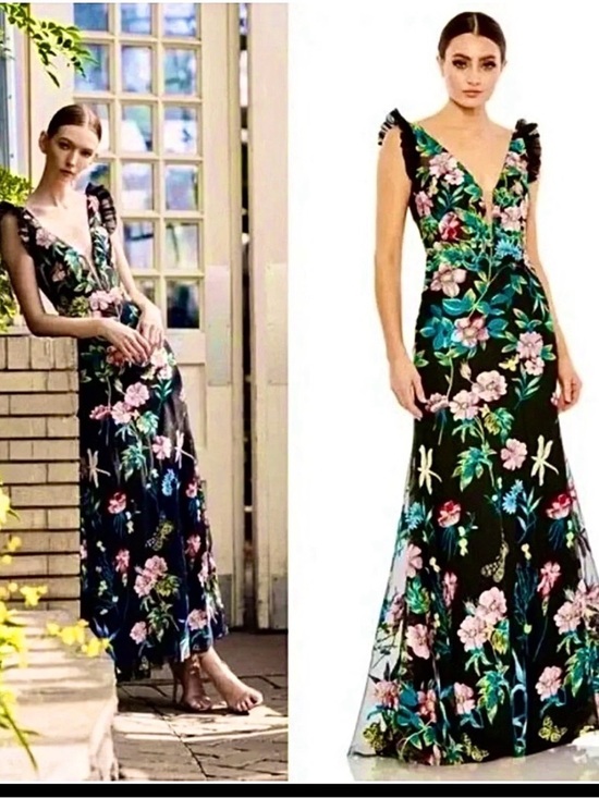 Mac Duggal Dresses & Skirts - Mac Duggal Black Floral V-Neck Evening Gown with flutter sleeves size 6. NWT